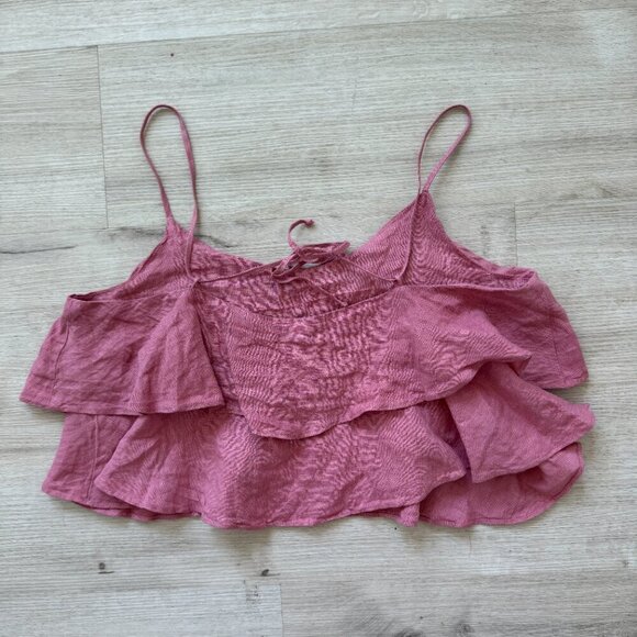 Zara Crop Pink Linen Cami Top Ruffle Medium - Picture 2 of 5